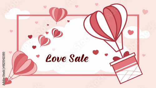 Heart shaped balloon sale with gift box and hearts on a pink background for valentines day offer promo