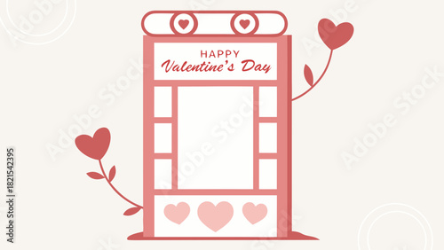 Valentine's day photo booth frame with hearts and a light beige background for a romantic celebration