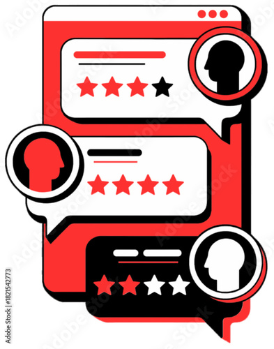 Customer review with various star ratings and user profiles displayed on a digital interface, vector illustration online feedback and service evaluation isolated on transparent background.