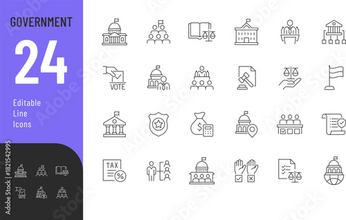 Government Line Editable Icons set. Vector illustration in modern thin style of state management related icons: law, taxes, parliament, and more. Isolated on transparent background.
