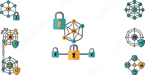 Blockchain Security Decentralized Network Protection with Lock Icons