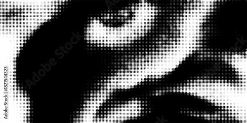 Grunge halftone gradient background. Faded grit noise texture. White and black sandy wallpaper. Retro pixelated backdrop. Anime or manga style comic overla