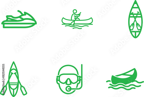 Collection of Green Water Sports Icons Including Jet Ski Kayak Canoe Diving Gear and a Boat Isolated on White Background Representing Recreational Activities