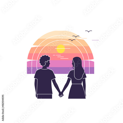 Romantic couple watching the sunset illustration for Valentine’s Day cards and love relationship concepts, isolated