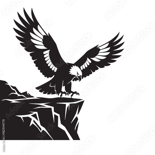 Stylized bald eagle with outstretched wings landing on jagged cliff peak