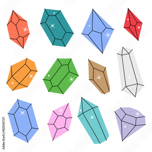 Crystals. Gems of different shapes. Gemstones, amethyst, ruby, sapphire, emerald, topaz and quartz.