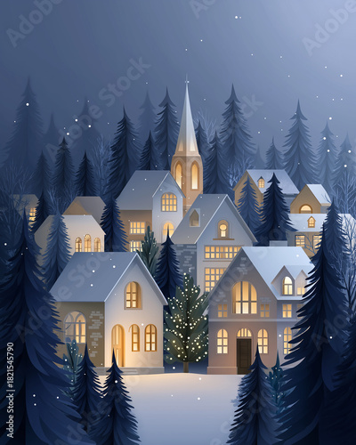 Winter Wonderland Village: An enchanting scene unfolds as a quaint village nestles serenely amidst a snowy landscape, illuminated by the warm glow emanating from homes and buildings.
