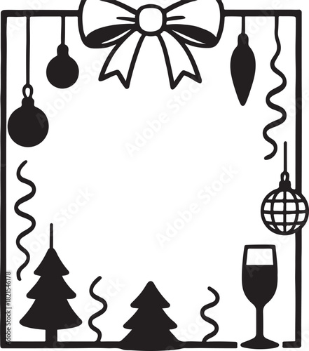 Festive celebration frame featuring holiday ornaments, a decorative bow, winter trees, a disco ball, and a wine glass silhouette graphic. isolated on white background, Vector, illustration