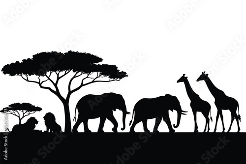 African wildlife silhouette with savanna tree and animals