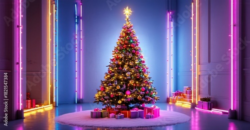 Vibrant Christmas tree dominates scene. Neon lights illuminate gifts, creating festive atmosphere. Modern, stylish holiday display.