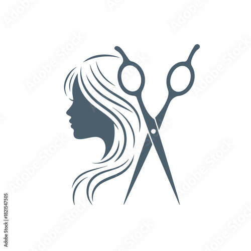 Stylized silhouette of a woman s head with scissors