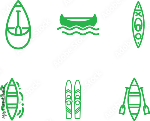 Collection of Summer Water Sports Icon Outlines Depicting Canoes Kayaks and Water Skis in Green against a White Background Highlighting Activities and Recreational Equipment