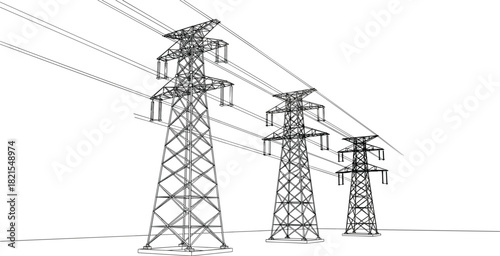 High voltage electric pylon, power transmission line, industrial energy infrastructure, vector sketch