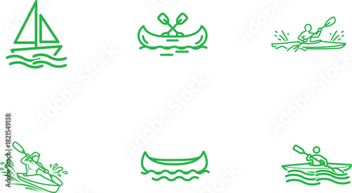 Green Line Art Icon Set Depicting Water Sports and Recreational Activities on Water Surfaces with Sailboat Canoes and Kayaks for Design Elements and Vector Graphics