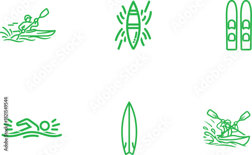 Green Line Art Set Showcasing Various Water Sports Activities and Equipment on a White Background Evoking a Sense of Summer Fun and Adventure