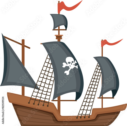 A pirate ship with a skull and crossbones on the side