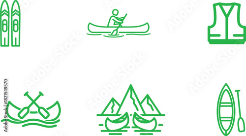 Green Line Art Icon Set Featuring Outdoor Activities Including Canoeing Kayaking Skiing Rafting and Safety Gear Designs Embodying Adventure and Recreation