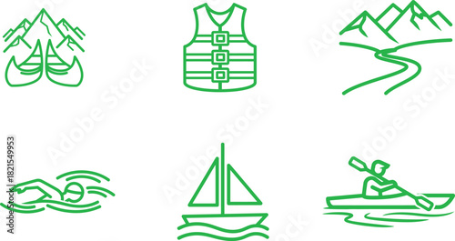 Line Art Icons Representing Water Activities and Outdoor Adventures Including Kayaking Swimming Sailing Boating and Safety Gear with Mountains and Rivers in Green