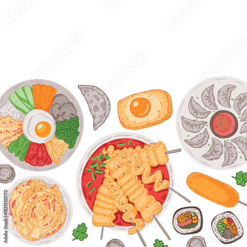 Korean food vector drawing. Top view Korean food dishes vector illustration. Flat style. Bibimbap, odeng, kimcgi, mandu, corn dog, kimbap, egg bread