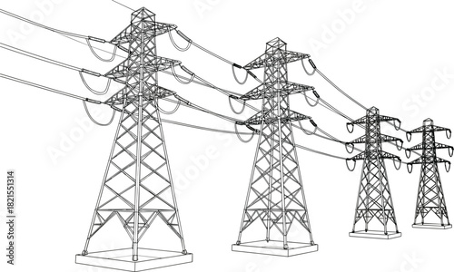 High voltage electric transmission tower, power line pylon, energy distribution network vector