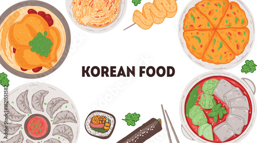 Korean food vector drawing. Top view Korean food dishes vector illustration. Flat style. Samgyetang, mandu, kimbap, jjigae, pajeon, kimchi, odeng