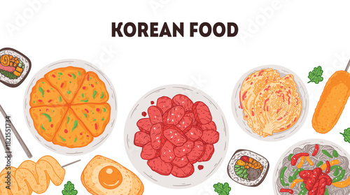 Korean food vector drawing. Top view Korean food dishes vector illustration. Flat style. Kimbap, odeng, pajeon, bulgogi, kimchi, japchae, corn dog, egg bread