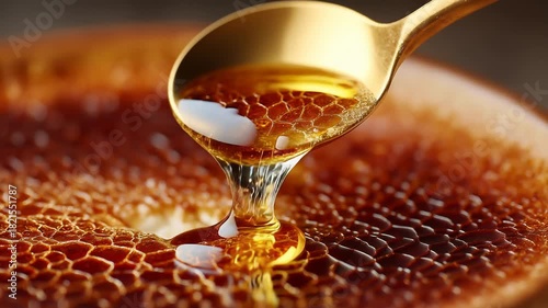 Hyper-realistic macro slow-motion video captures a golden spoon scooping rich, amber liquid from a caramelized sugar surface with a brittle, honeycomb texture.
