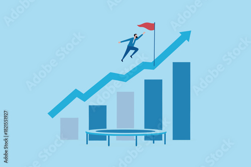 Businessman using trampoline to reach business goals and success