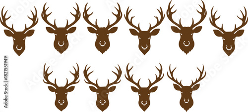 set of silhouettes of deer heads set with chocolate  brown color design, clean & creative design set for festival, white background ,full color. 