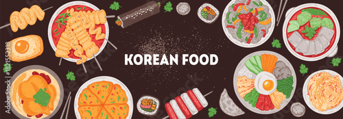 Korean food vector drawing. Top view Korean food dishes vector illustration. Flat style. Odeng, samgyetang, pajeon, egg bread, kimbap, tteokbokki, japchae, jjigae, kimchi.