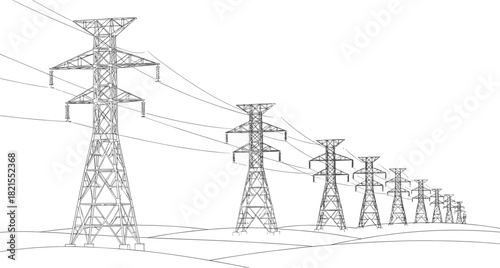 High voltage power transmission lines, electric pylon tower sketch, energy grid vector