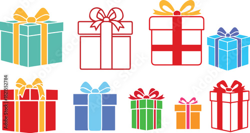 colorful gift boxes design for holiday & birthday, gift box in different shapes and color, ribbon, bow, packaging, Collection of presents with ribbons for birthday, Christmas, holiday celebration.