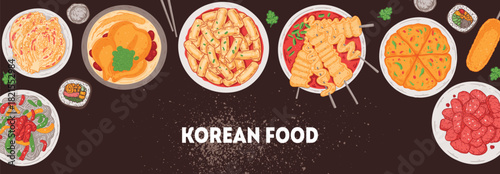 Korean food vector drawing. Top view Korean food dishes vector illustration. Flat style. Japchae, kimchi, samgyetang, tteokbokki, odeng, pajeon, corn dog, bulgogi, kimbap