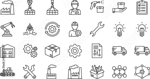 Manufacturing line icons, industrial factory, logistics symbols, shipping delivery, warehouse, automation, vector set