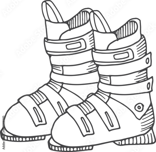 Two black ski boots with straps