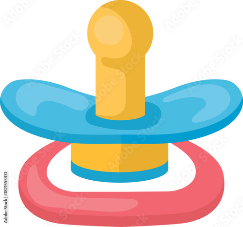 A blue and red pacifier with a yellow tip