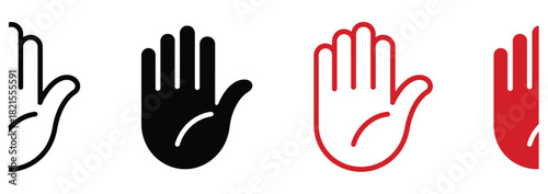 Bold hand symbol icons for prohibition, security, and alerts, available in diverse styles, conveying prevention, control, and attention in various designs, ideal for safety and urgent communication