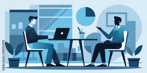 Two business people in a meeting at a desk with a laptop and chart in a modern office setting | svg | ai generated