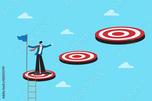 Business Target Achievement Illustration. Entrepreneur Standing on a Bullseye and Aiming for the Next Goal, Symbolizing Strategy, Progress, Ambition, and Step-by-Step Growth in Modern Business