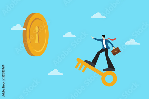 Key to Business Success Illustration Entrepreneur Riding a Giant Key Toward Financial Opportunity, Unlocking New Potential, and Reaching Business Goals Through Strategy and Innovation