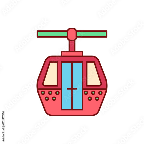 Illustration of a red gondola with blue windows and a green support structure.