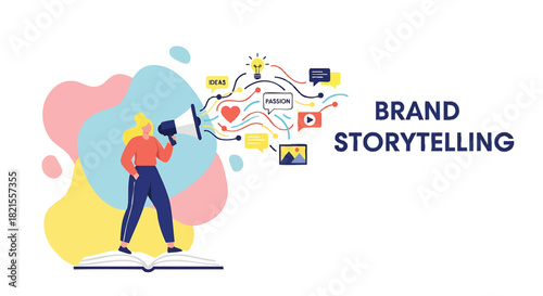 Brand Storytelling Concept with a Woman Using a Megaphone on Top of a Book Spreading Ideas and Passion for Business Marketing and Communication on White Background