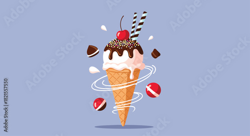 Delicious ice cream cone with chocolate syrup sprinkles and a cherry on top with dynamic splashes and swirling elements.