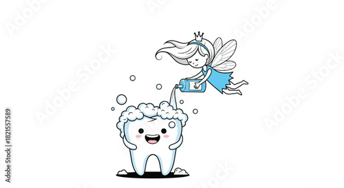 Charming illustration of a tooth fairy in a blue dress pouring magical foam onto a happy cartoon tooth with a crown.
