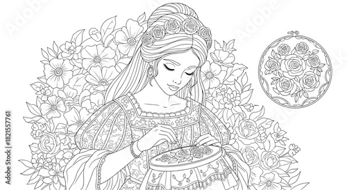 Intricate line art coloring page of a beautiful woman in a vintage dress surrounded by flowers while doing embroidery.