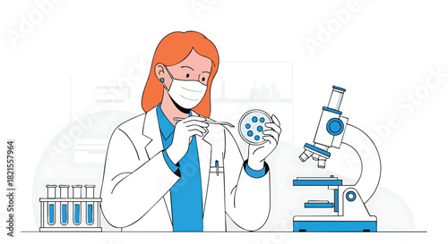 Female Scientist in Laboratory Analyzing Bacteria Culture with Microscope and Test Tubes Conducting Research on Virus Outbreak Prevention and Medical Breakthroughs