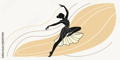 Silhouette of a ballerina in a dynamic pose against a backdrop of curved lines and soft colors | svg | ai generated