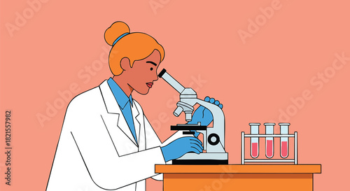 Female scientist looking through a microscope in a laboratory setting researching and analyzing samples in test tubes for scientific breakthrough and medical advancements in healthcare