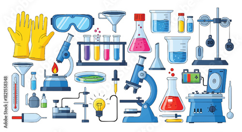 Laboratory Equipment and Scientific Instruments for Research and Experimentation in Science Education and Healthcare Illustration with bright colors