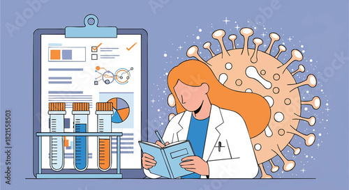 Medical researcher analyzing data and taking notes on a new virus with test tubes and clipboard graphs for scientific research in health settings